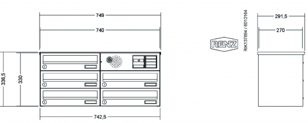 RENZ Briefkastenanlage Aufputz, Verkleidung Basic B, Kastenformat 370x110x270mm, 5-teilig, Vorbereitung Gegensprechanlage